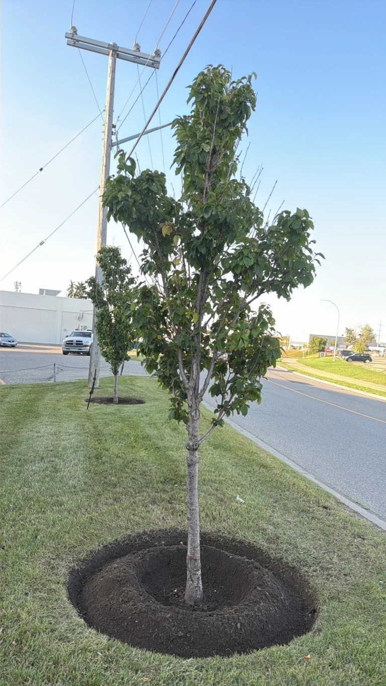 Young boulevard tree in a freshly cultivated tree well with the root flare exposed and a clean edge in mowed grass