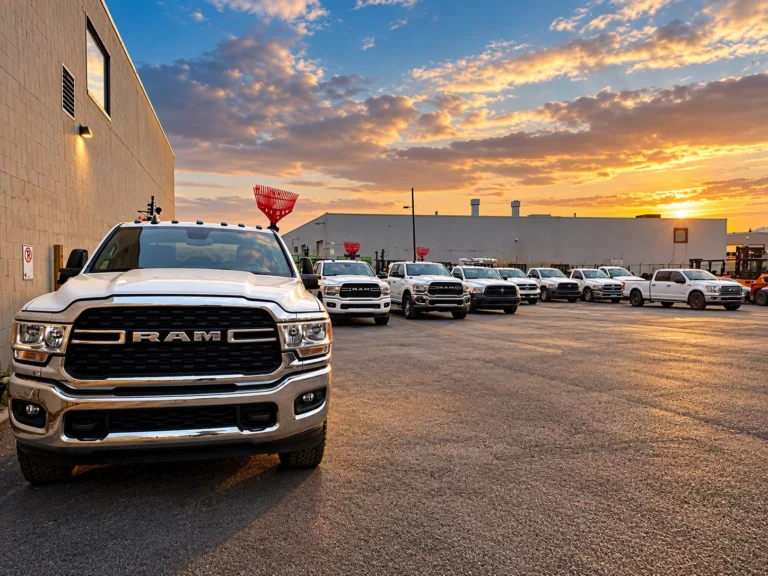 LECM fleet of white pickup trucks lined up in the yard at sunset, ready for snow season